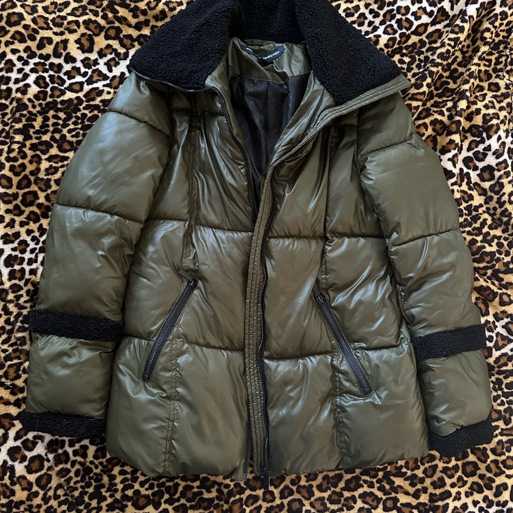 French Connection Olive Green Puffer Jacket with Black Accents